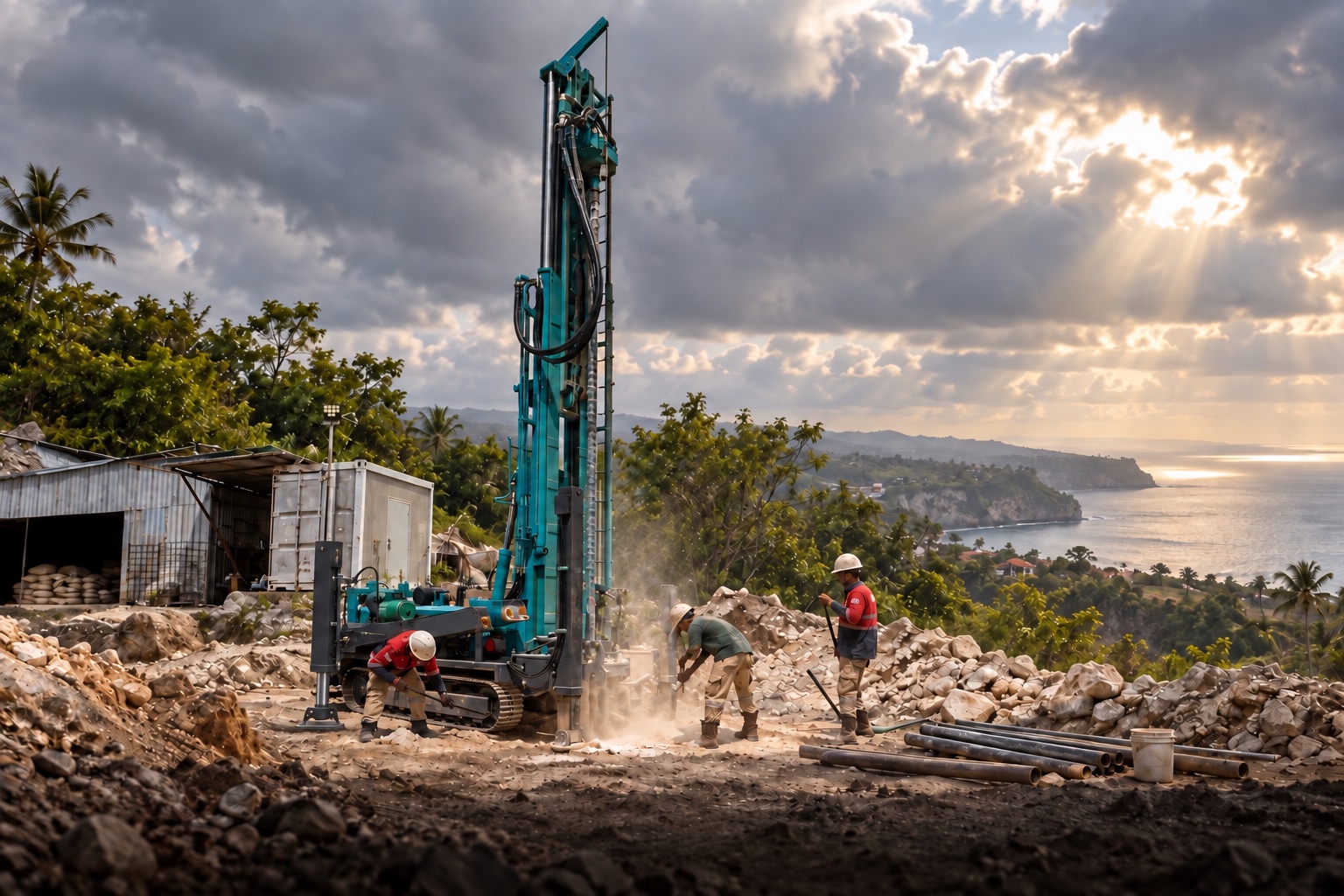 Illustrative water well drilling scene